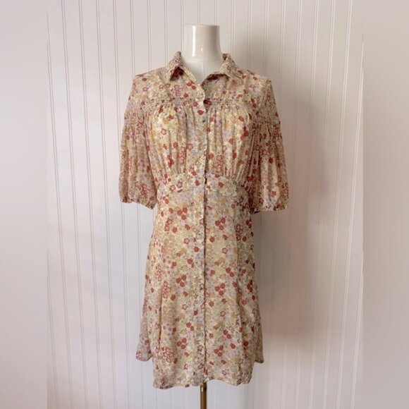 Free People Women Floral Mini Dress With Puff Sleeves & Smocked Detail Size M - Picture 2 of 16